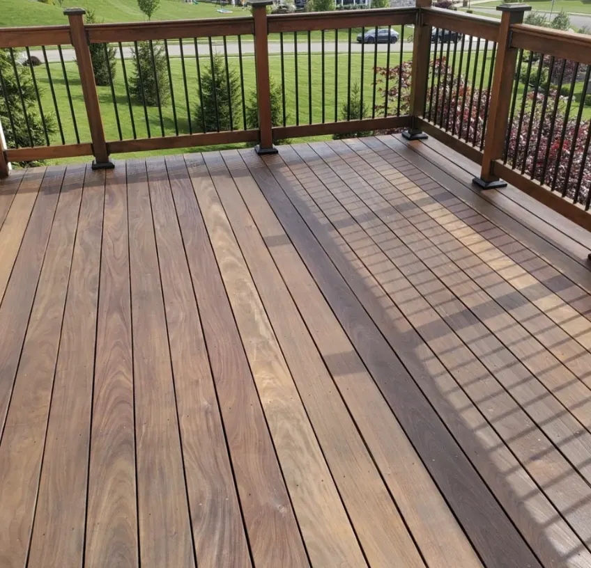 Freshly stained and restored wooden deck