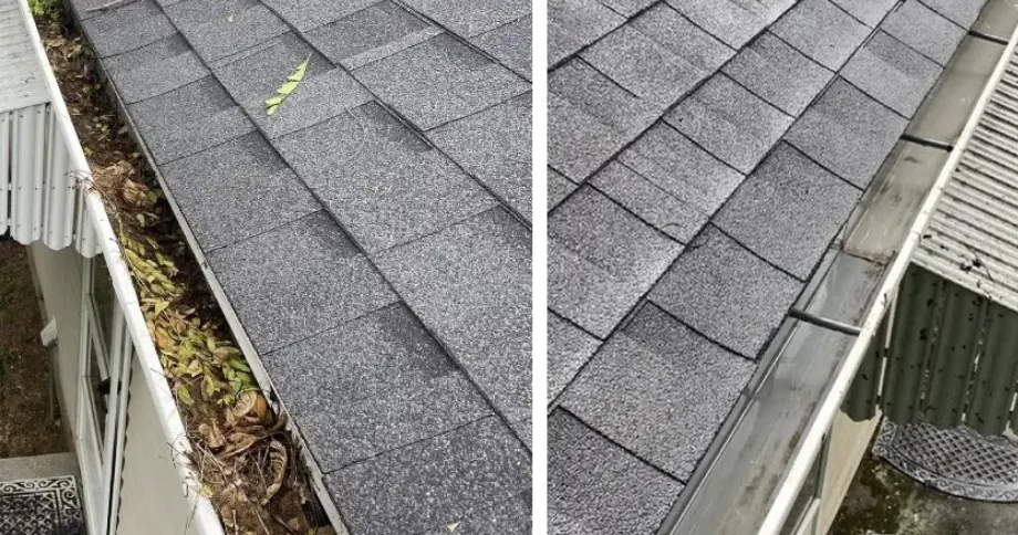 Before and after of a cleaned residential gutter system